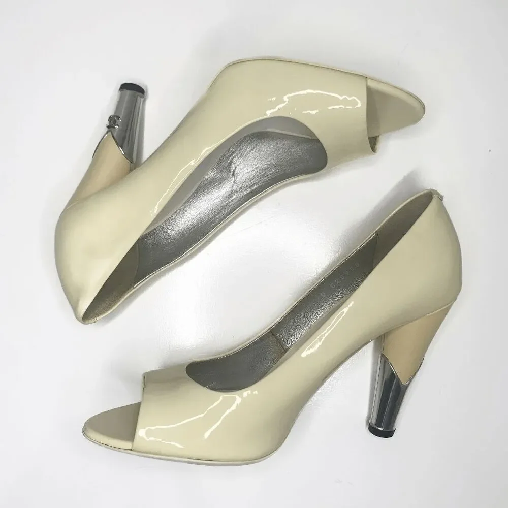 Chanel Interlocking CC Logo Peep Toe Patent Leather Heels EU 37.5 Yellow Pumps